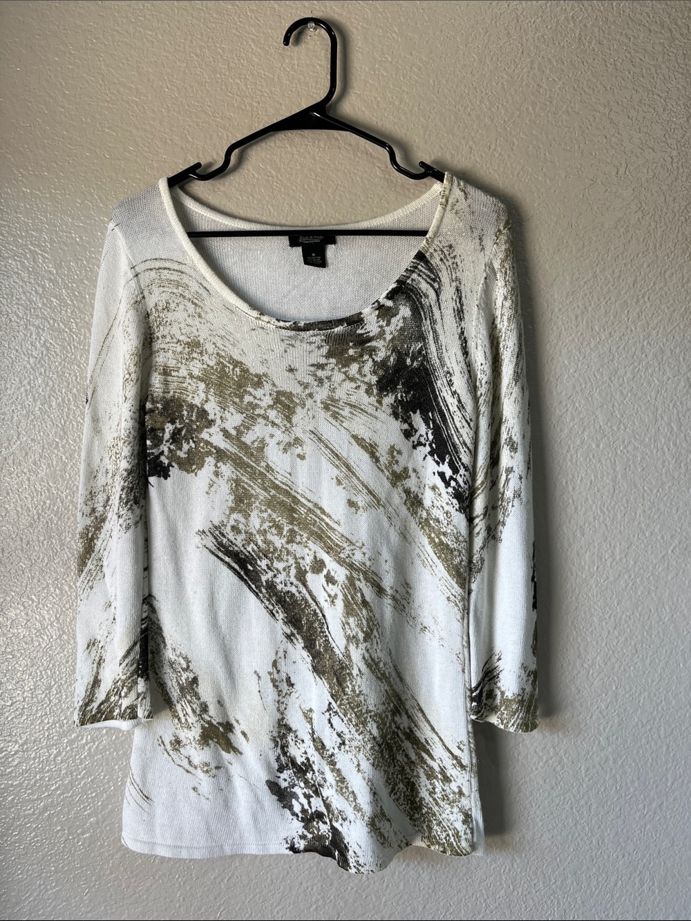 Peck & Peck White Knit Top Black Label Detail Sz M Office Business Comfy